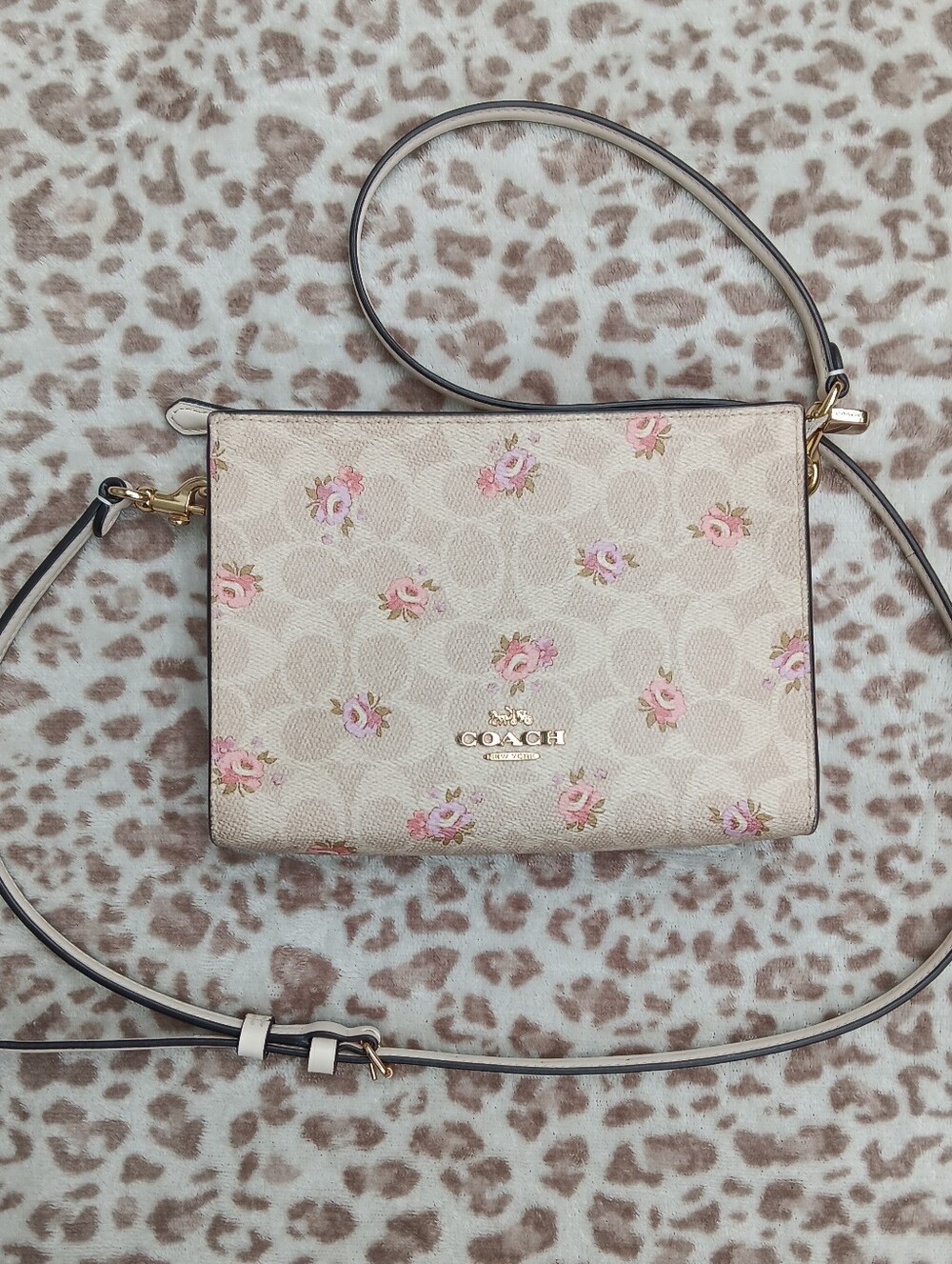 Coach Beige Signature Floral Crossbody Bag with Pink Roses